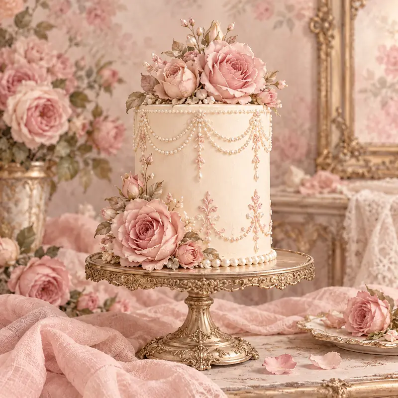 Ilustración de pastel y rosas